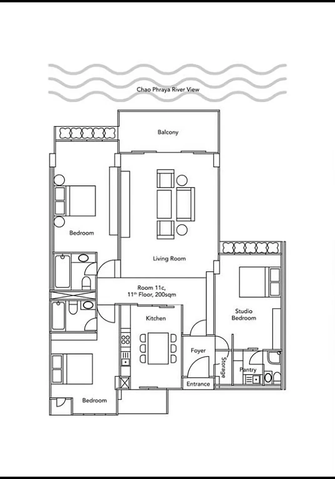 คอนโด ให้เช่าในKhlong San, Bangkok - ผังห้องคอนโด 200 ตร.ม. 3 ห้องนอน พร้อมระเบียงหันสู่แม่น้ำเจ้าพระยา