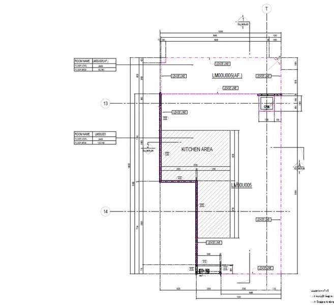 Retail Space for rent - Floor plan of a 153 sqm retail unit highlighting a designated kitchen area and service access.