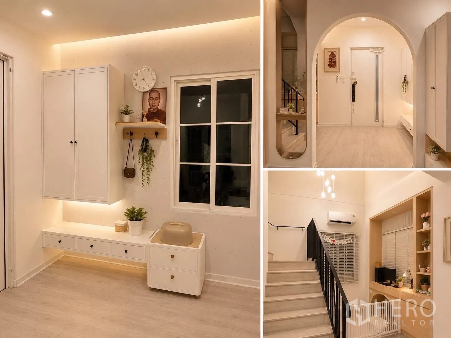 独栋房屋 for rent or sale in Bang Phli, Samut Prakan - 多图组合展示玄关、楼梯与柜体，灯光柔和。