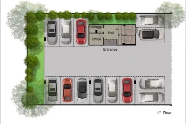 带办公室的家 出售在Prawet, Bangkok - 一层平面图，展示大面积停车区、入口大厅、办公室与储藏室。