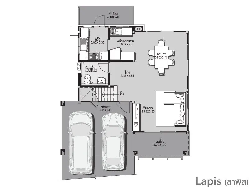 Detached House for rent in Bang Kapi, Bangkok - Ground-floor plan showing living and dining areas, kitchens and two-car carport.