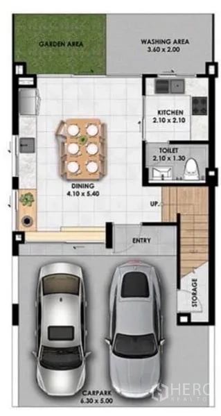 Townhouse for rent or sale in Suan Luang, Bangkok - Ground-floor plan showing two-car garage, dining area, kitchen, guest toilet, garden, and washing area.