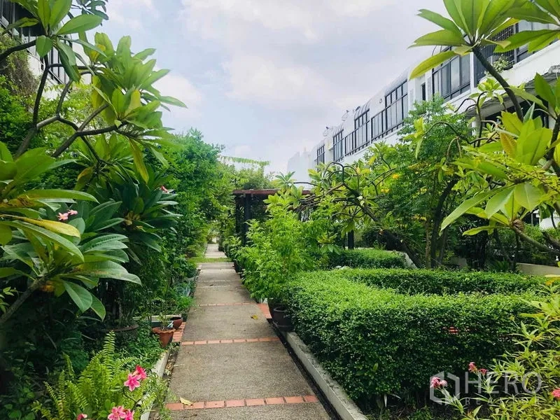 Townhouse for rent in Yan Nawa, Bangkok - Landscaped community walkway lined with lush tropical plants and manicured hedges.