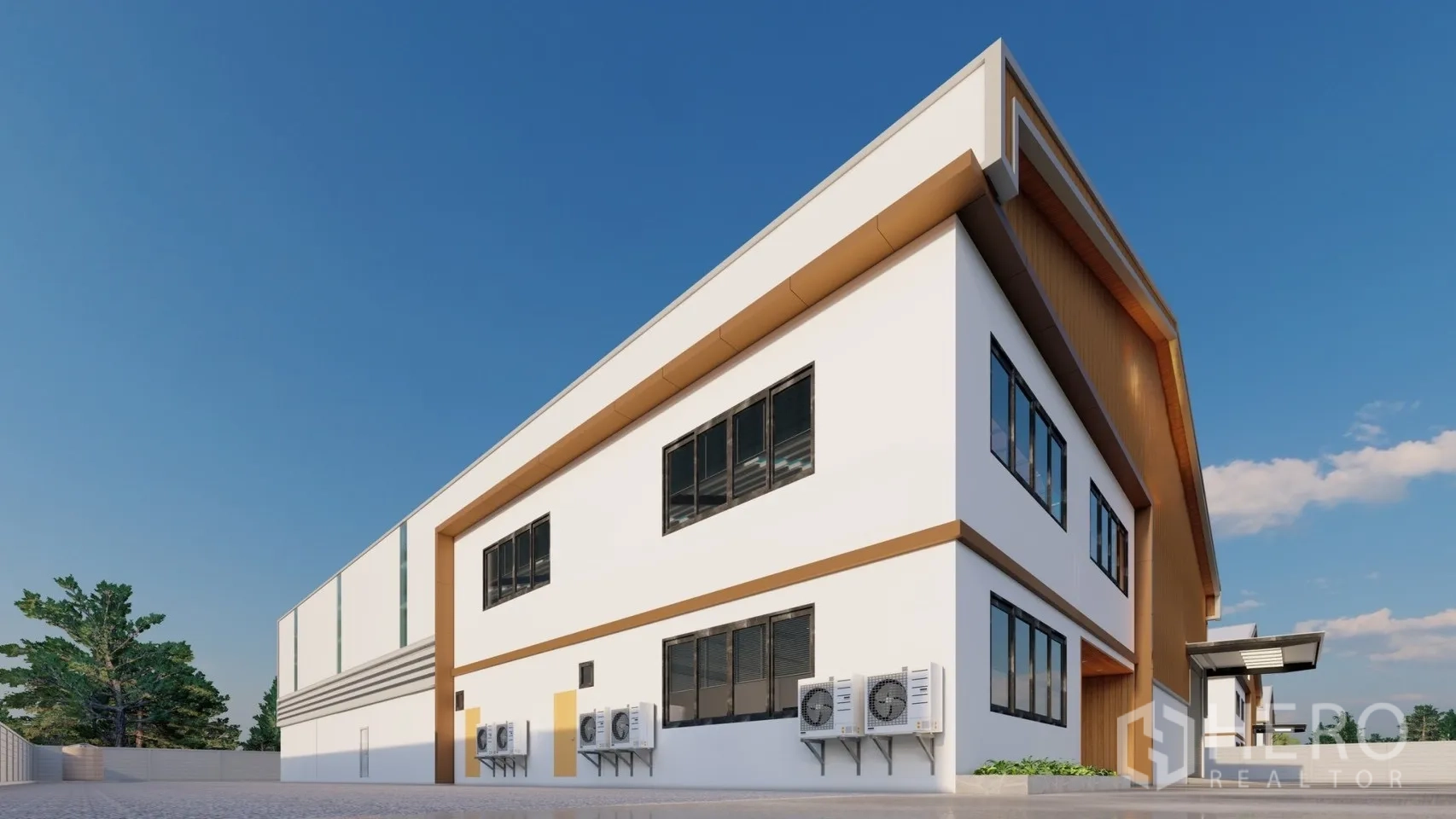 工厂 for rent or sale in Lam Luk Ka, Pathum Thani - 办公楼转角视图，多个窗户与外置空调机组。