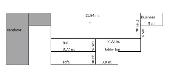零售空间 出租在Pathum Wan, Bangkok - 平面图展示大厅、前台吧台、沙发区、商务房与自动扶梯位置及尺寸。