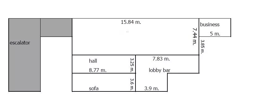 零售空间 出租在Pathum Wan, Bangkok - 平面图展示大厅、前台吧台、沙发区、商务房与自动扶梯位置及尺寸。