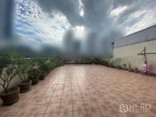 Retail Space for rent - Expansive rooftop patio bordered by planters and a parapet wall, offering wide city views under dramatic clouds.