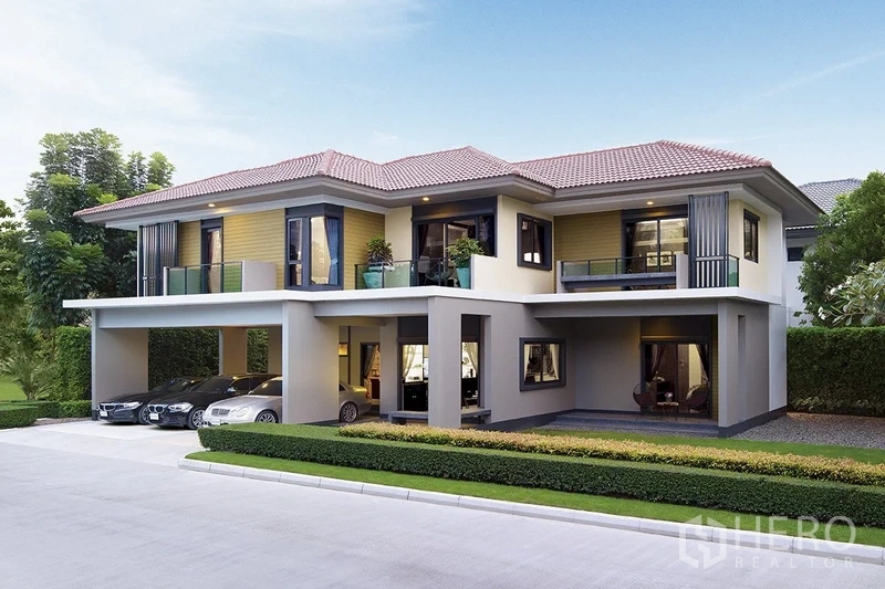 Detached House for sale in Lam Luk Ka, Pathum Thani - Project marketing image of a similar modern two-storey house with triple carport.