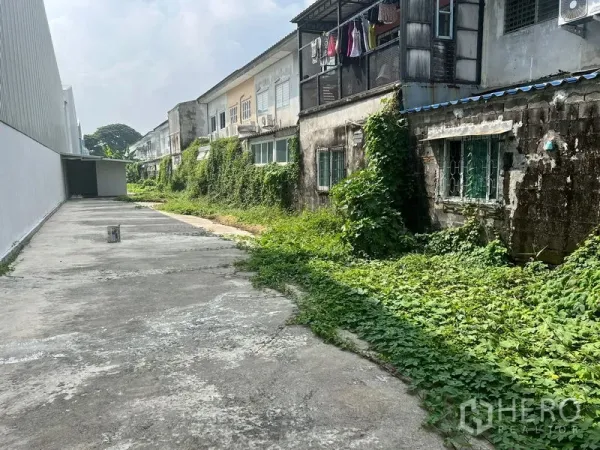 คลังสินค้า ให้เช่าในLat Krabang, Bangkok - ทางสัญจรด้านข้างอาคารโกดัง มีต้นไม้เลื้อยและบ้านข้างเคียง