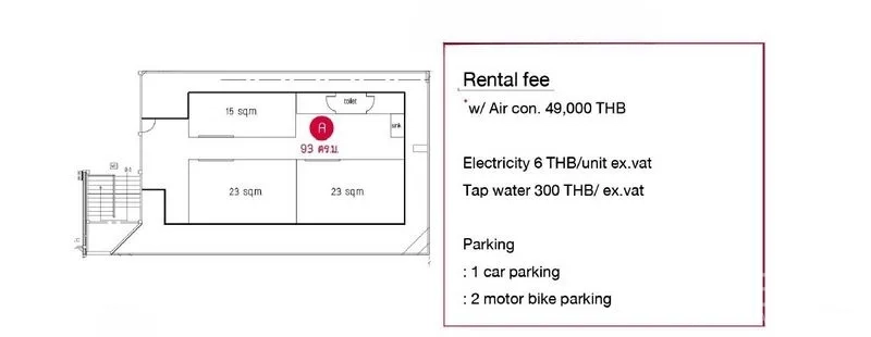สำนักงาน ให้เช่าในWatthana, Bangkok - ผังห้องแสดงพื้นที่ใช้สอย 93 ตร.ม. พร้อมห้องและห้องน้ำ