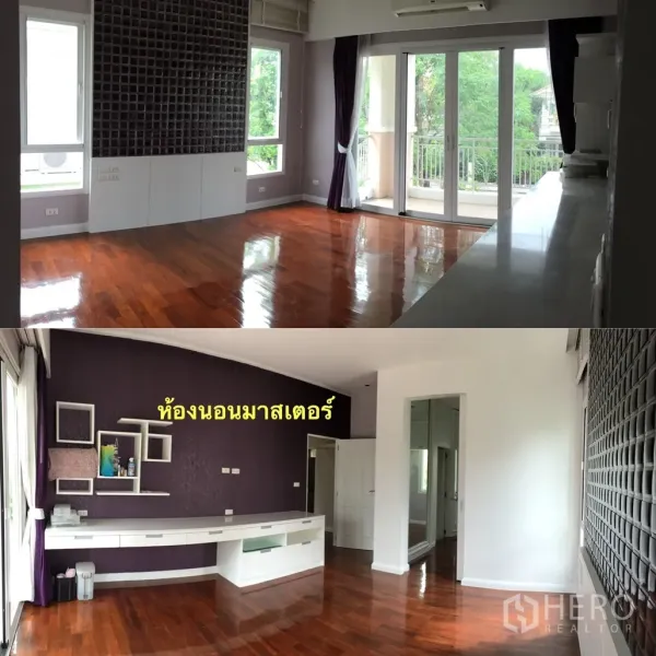 Detached House for sale in Lat Krabang, Bangkok - Spacious master bedroom with polished wood floors, balcony doors, built-in storage and a feature wall.