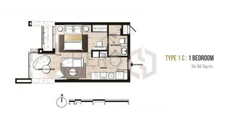 公寓 出租 - HYDE Sukhumvit 11 一居室 34.5 平方米平面图。
