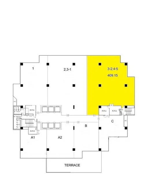 Office Space for rent in Bang Rak, Bangkok - Floor plan highlighting a 409.15 sq.m office area in yellow within the building layout.