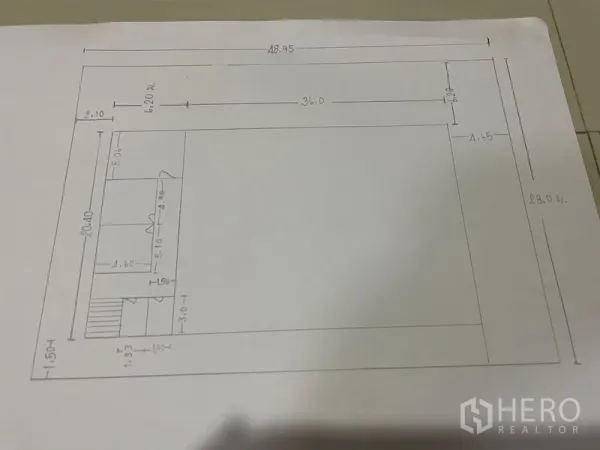 Factory for sale in Khlong Luang, Pathum Thani - Hand‑drawn factory floor plan showing dimensions, mezzanine and main work area.