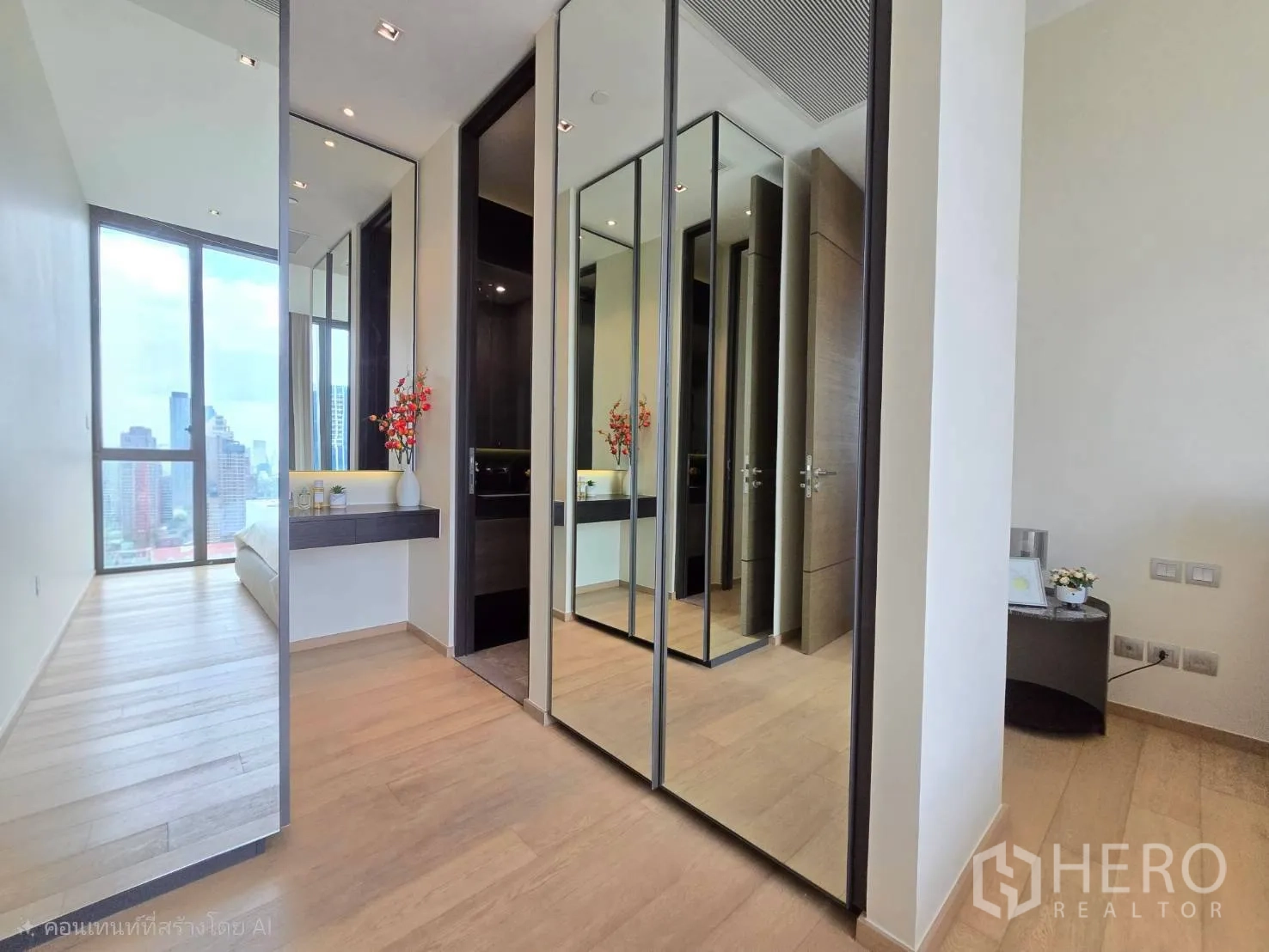 公寓 for rent in Pathum Wan, Bangkok - 卧室过道设整面镜门衣柜与梳妆台，窗景明亮。