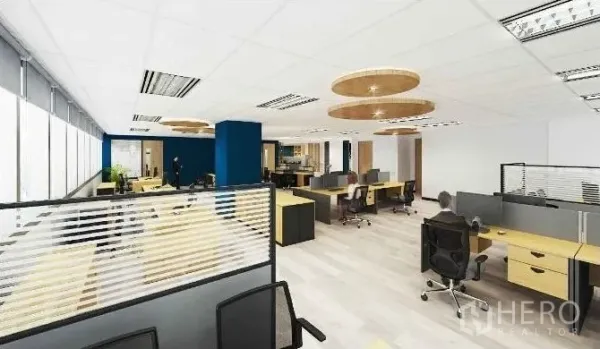 Office Space for rent in Chatuchak, Bangkok - Open-plan workspace with partitioned desks, large windows and light wood floors.