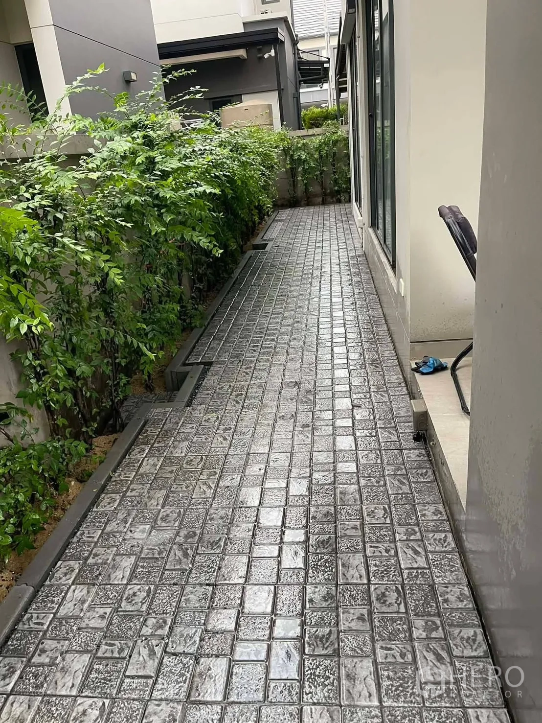 Detached House for rent in Saphan Sung, Bangkok - Rear side passage with wet-look tiles and green shrubs.