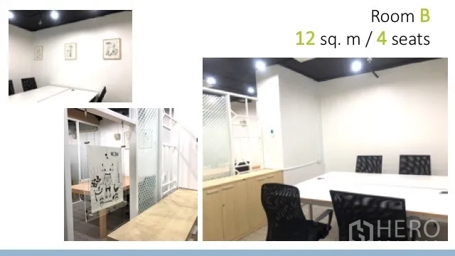 สำนักงาน ให้เช่าในWatthana, Bangkok - Room B สำนักงานส่วนตัว 4 ที่นั่ง โต๊ะสีขาว เก้าอี้ทำงาน ผนังโทนสว่าง