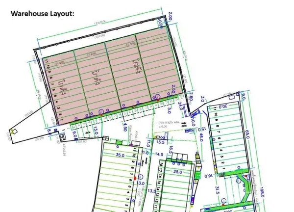 Warehouse for rent in Mueang Samut Prakan, Samut Prakan - Warehouse site plan illustrating the building layout and traffic flow.