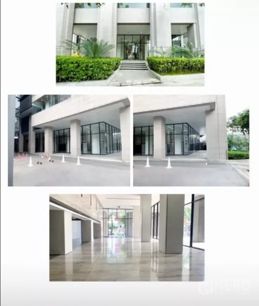 Retail Space for rent - Ground-floor retail frontage with floor-to-ceiling glass, covered walkway, and landscaped entry steps.
